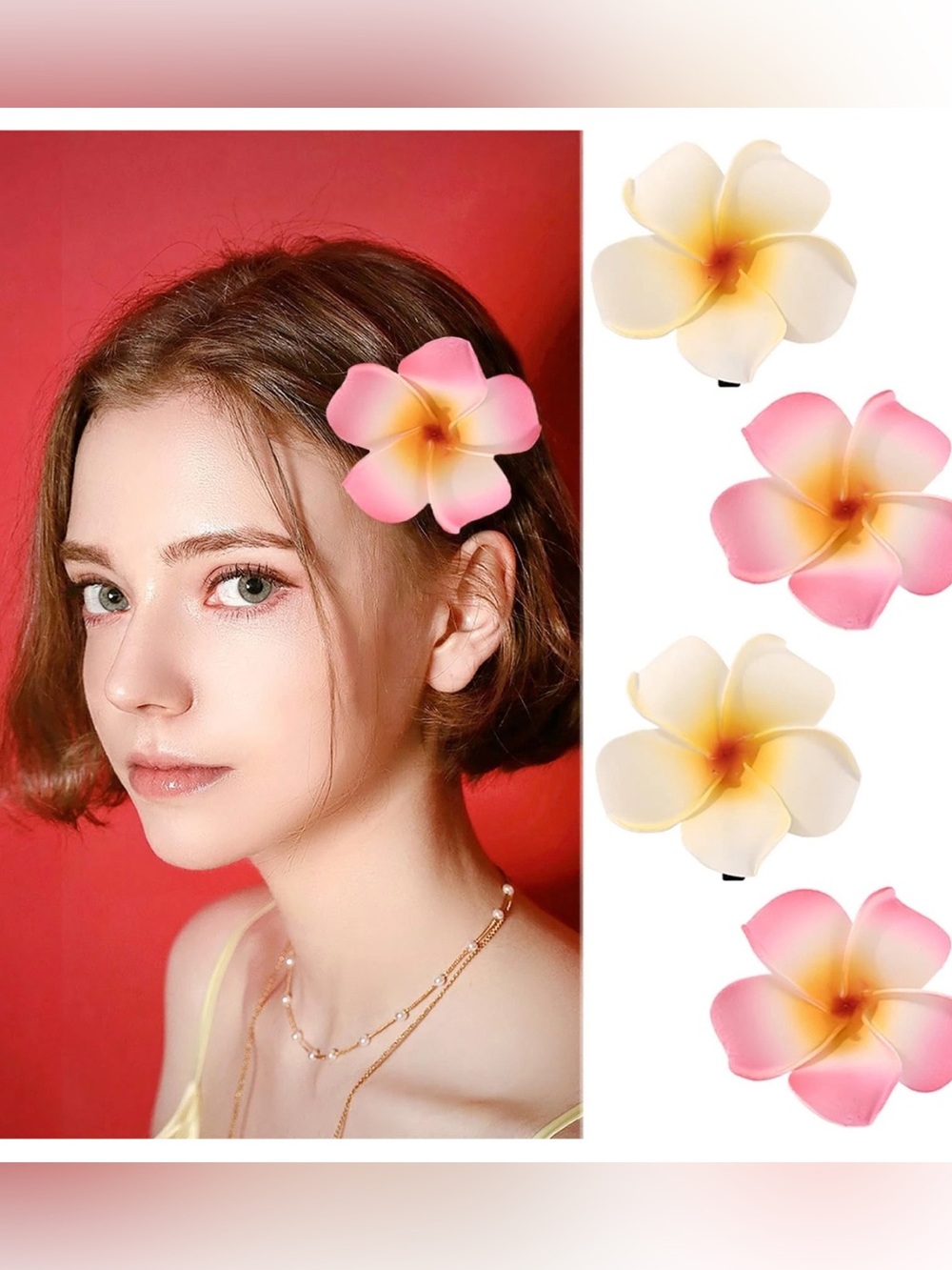 4Pcs Hawaiian Flower Hair Clips White and Pink Plumeria Hair Flower NEW
